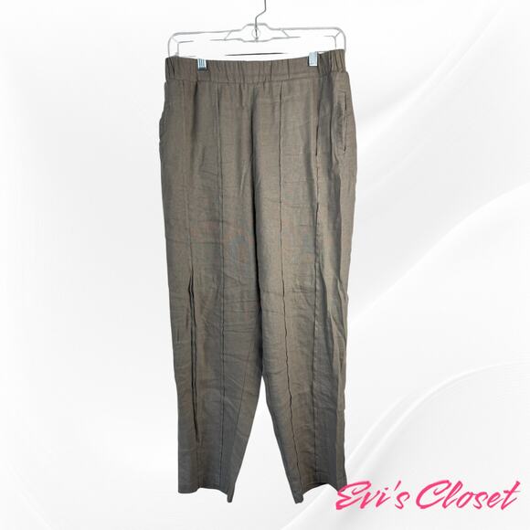 Mia inspiration Linen Blend Pants Relaxed Fit Elastic Waist Band Taupe Sz L - Picture 7 of 8